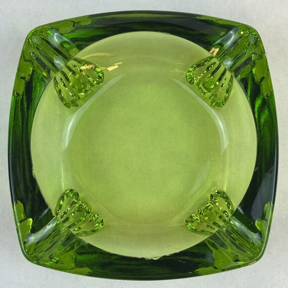 Vintage Mid-Century Green Glass Ashtray Square 4.5" Retro Heavy Art Glass - Picture 2 of 13